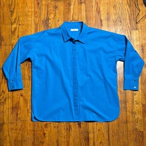 CO Women's Bright Blue 100%‎ Italian Cotton Button Up Oversized Dress Shirt SZ L
